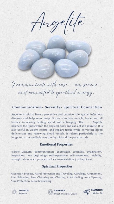 Blue Angelite Crystal Meaning, Angelite Crystal Meaning, Crystal Encyclopedia, Angelite Crystal, Crystal Magick, Crystal Healing Chart, Healing Journaling, Crystals Healing Properties, Crystals Healing