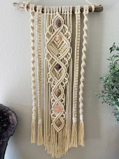 Macrame And Crystal Wall Hanging, Macrame Free Patterns Projects, Macrame With Gemstones, Macrame Wall Pattern, Macrame Crystal Wall Hanging, 5mm Macrame Projects, Macrame And Crystals, Macrame With Crystals, Macrame Chakra Wall Hanging