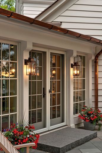 French Doors Exterior, Transitional Decor Living Room, Sunroom Designs, Transitional Decor Kitchen, French Doors Patio, Wood Accent, Front Entrance, Porch Design, Traditional Living