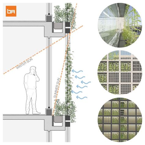 The vertical greens help shade the building interiors and thus cool the indoor spaces, especially the front west face. Similarly, the jalis also protect the building from the harsh weather of Mumbai by blocking the sun whilst still allowing the cool breeze to flow through. This will help to dramatically reduce energy consumption whilst also creating a comfortable indoor environment. Sun Protection Architecture, Faced Design Architecture, Green Architecture Design, Green Building Architecture, Sustainable Architecture Design, Green Architect, School Building Design, Green House Design, School Designs