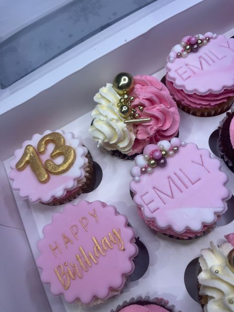 Pink and gold cupcakes 13th Birthday Cupcakes Girl, 13 Birthday Cupcakes, 13th Birthday Cupcakes, Pink And Gold Cupcakes, Hot Pink Cupcakes, Girl Birthday Cupcakes, 14th Birthday Party Ideas, Birthday Cupcakes Decoration, Pink Sweets