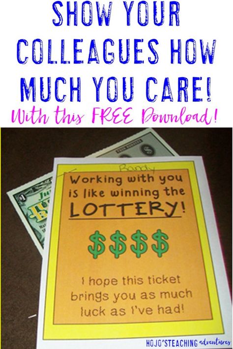 Show your colleagues how much you care with this FREE Download! Simply print the sheet, affix a scratch lottery ticket, and share! Your colleagues will love feeling so appreciated! Retirement Basket, Staff Inspiration, Parent Volunteers Gifts, Lottery Ticket Gift, Parent Volunteers, School Prep, Secret Pal, Volunteer Gifts, Lottery Ticket