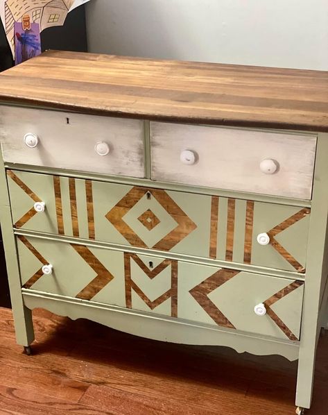 Western Dresser Makeover, Western Dressers, Aztec Dresser Makeover, Diy Aztec Painted Furniture, Western Painted Dresser Ideas, Western Dresser Furniture Ranch, Western Dresser, Western Aztec Dresser, Painters Tape Design