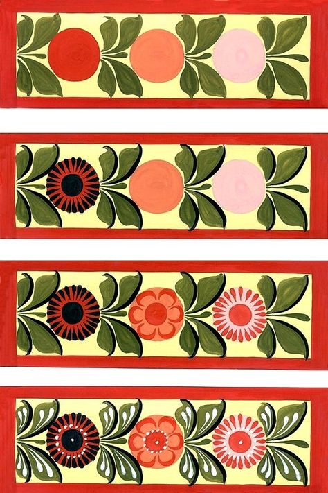 Folk Art Border Patterns, Polish Folk Art Flowers Painted Houses, Folk Art Flowers Step By Step, Czech Art Folk, Traditional Flower Painting, Swedish Folk Art Flowers, Traditional Motifs Design Folk Art, Folk Art Floral Patterns, Folk Art Mexican