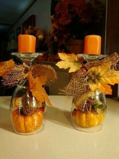 Fall Bridal Shower Table Decor, Diy Thanksgiving Centerpieces, Dollar Store Fall Decor, Diy Halloween Party, Easy Diy Thanksgiving, Fall Candle Holders, Thanksgiving Decorations Diy, Wine Glass Crafts, Dekor Diy