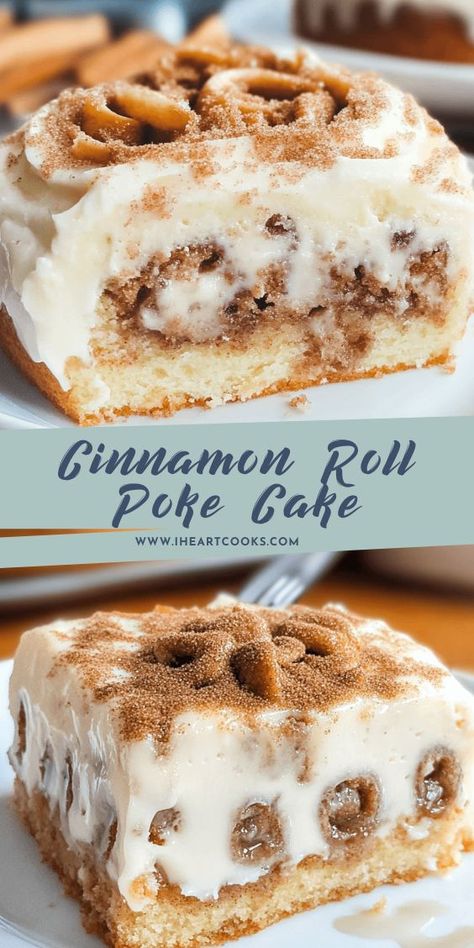 This cinnamon roll poke cake is ultra-moist, filled with a rich cinnamon-sugar filling, and topped with a luscious cream cheese glaze. All the flavors of a cinnamon roll in an easy-to-make cake—perfect for breakfast or dessert! Cinnamon Roll Poke Cake, Valentines Dinner Ideas, Valentines Dinner, Cozy Recipes, Date Night At Home, Cream Cheese Glaze, Vegetarian Cake, Steak And Seafood, Warm Cake