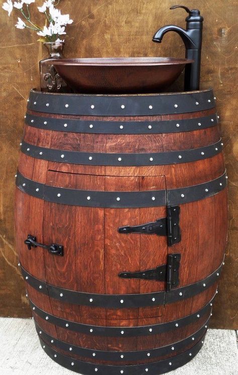 Barrel Sink Bathroom, Wine Barrel Sink, Whiskey Barrel Ideas, Barrel Sink, Hammered Copper Sink, Rustic Sink, Wine Barrel Ideas, Bathroom Sink Ideas, Whiskey Barrel Furniture