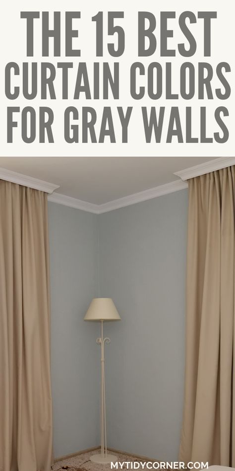 gray wall curtain color ideas Grey Walls Beige Curtains, Curtain Ideas For Grey Living Room, Living Room Curtains Grey Walls, Gray Walls Curtain Ideas, Grey Walls Living Room Decor Curtains, Gray Bedroom Curtain Ideas, Dark Gray Walls Living Room Decor, Curtains For Agreeable Gray Walls, Light Gray And Beige Living Room