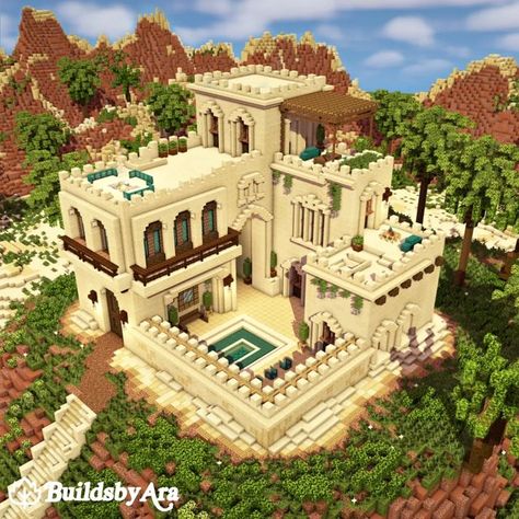 Minecraft Houses Sandstone, Minecraft Hacienda, Minecraft Sandstone Buildings, Sandstone House Minecraft, Minecraft Building Ideas Desert, Minecraft Mediterranean House, Minecraft Desert City, Minecraft Sandstone, Minecraft Desert Builds