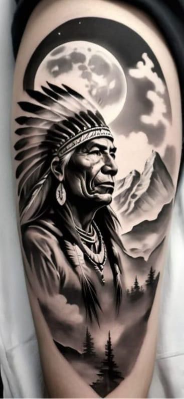 Indian Tattoo Design For Men, Chief Tattoo Design, Indian Tattoo Men, Apache Tattoo, Indian Head Tattoo, Indian Chief Tattoo, Chief Tattoo, Tattoo Indian, India Tattoo