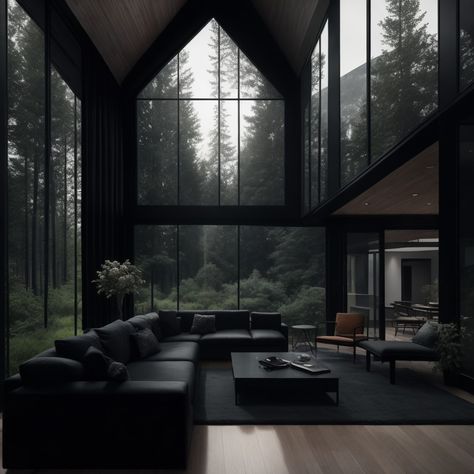 Luxury Home Interior Aesthetic, Modern Black Aesthetic House, Houses Dark Aesthetic, Luxury Black Interior, Dark Nature House Aesthetic, Home Black Aesthetic, All Black Homes, Dark Houses Modern, Dark Nature House