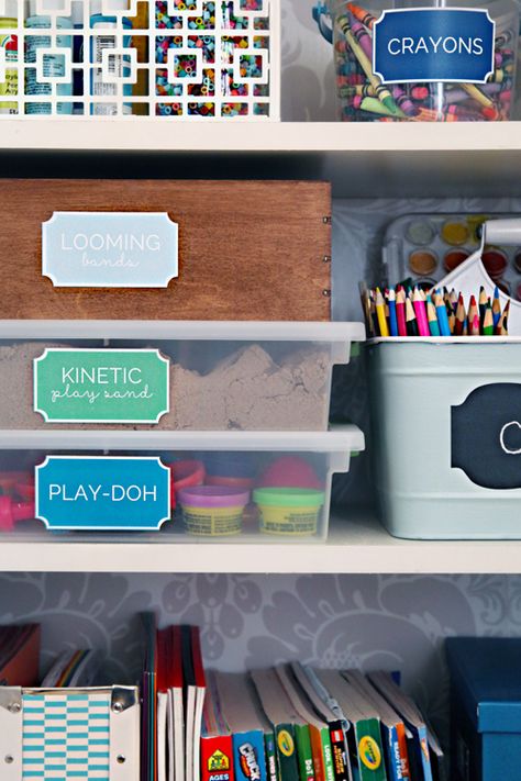 IHeart Organizing: A Crafty Kid's Cabinet Make Your Own Labels, Kids Cabinet, I Heart Organizing, Craft Cabinet, Playroom Organization, Kinetic Sand, Crafty Kids, Clever Storage Solutions, Organization Kids