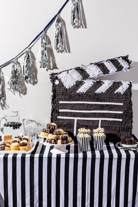 Save this to learn how to throw a film noir-inspired Oscars party. Oscar Party Decorations, Film Party, White Popcorn, Oscar Viewing Party, Store Bought Frosting, Hollywood Party Theme, Black And White Cookies, Movie Themed Party, Movie Night Party