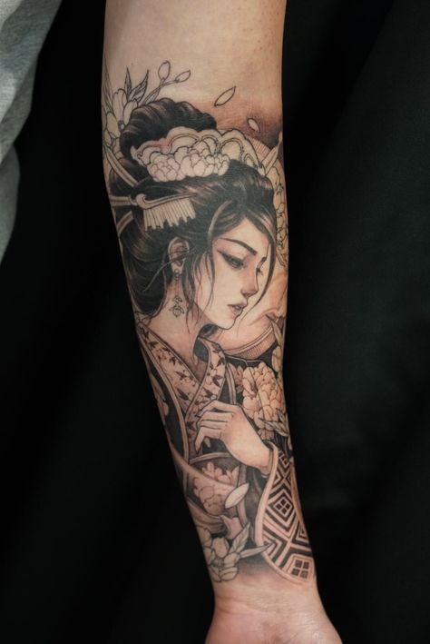 Geisha Tattoo Sleeve, Female Samurai Tattoo, Tato Geisha, Japanese Geisha Tattoo, Geisha Tattoos, Samurai Tattoo Sleeve, Geisha Tattoo Design, Tattoo Placements, Polynesian Tattoos