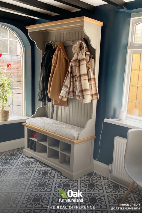 An organised hallway is a must for a welcoming entrance to your home. Keep it clean and clutter-free with stylish storage for your shoes and coats. #Hallway #HallwayDecor #EntranceHallStyle #HallwayShelving #HomeStyle #InteriorStyle #CoatStorage #ShoeStorage #StylishStorage Entry Coat Rack Bench, Hallway And Stairs Ideas, Coat Stand Hallway, Dark Hallway Ideas, Hallway Stand, Hallway Shelving, Entry Coat Rack, Grey Painted Furniture, Downstairs Wc