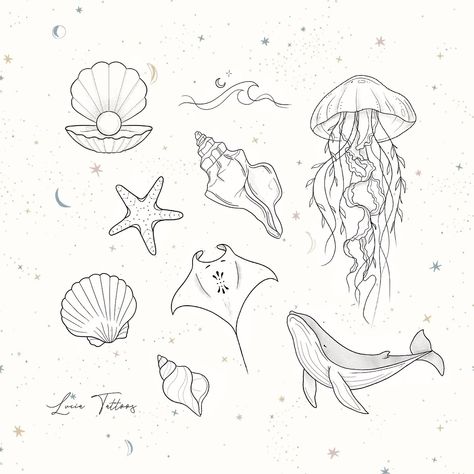 Simple Line Drawing Tattoo, Sea Animals Embroidery, Beach Tattoo Simple, Ocean Creatures Tattoo, Ocean Line Drawing, Fine Line Ocean Tattoo, Ocean Theme Tattoo, Sea Themed Tattoos, Ocean Animal Tattoos