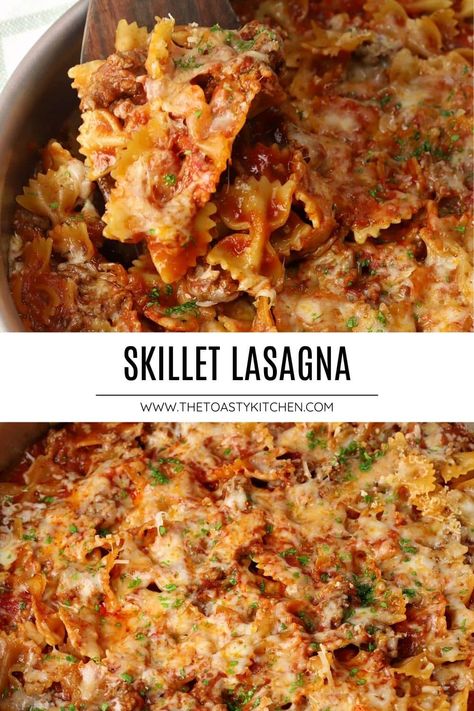 Skillet lasagna by The Toasty Kitchen. Love lasagna but need a less time-consuming dinner idea? Make skillet lasagna! Bowtie pasta and ground beef are cooked in a flavorful marinara sauce and topped with melty cheeses. #onepanmeal #beef #30minutesorless Steak Lasagna Recipe, Sloppy Lasagna, Lasagna Casserole Recipes, Lasagna Skillet Recipe, One Skillet Lasagna, Pan Lasagna Recipe, One Pan Lasagna, Skillet Lasagna Easy, Pasta And Ground Beef