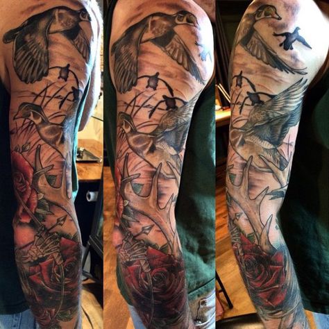 Shded Full Sleeve On Male Of Ducks Flying Tattoo Duck Tattoos For Men, Duck Hunting Tattoos, Camo Tattoo, Outdoor Tattoo, Meaning Tattoos, Hunter Tattoo, Duck Tattoos, Hunting Tattoos, Flying Tattoo