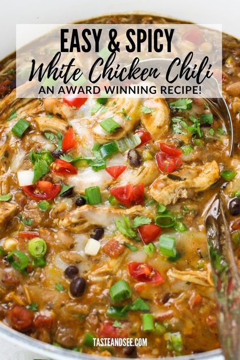 White Chicken Chili With Vegetables, Chicken Chili With Vegetables, Spicy Chicken Chili Crockpot, Spicy White Bean Chicken Chili, Canned Chicken Chili Recipe, Chicken Bean Chili, Spicy White Chicken Chili Crockpot, Best Chicken Chili Recipe Award Winning, Award Winning Chicken Chili