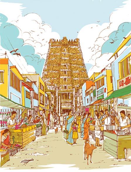 Madurai City, Madurai Meenakshi Temple, Meenakshi Temple, Temple Drawing, Gfx Design, Indian Illustration, City Sketch, Indian Art Gallery, Temple Art