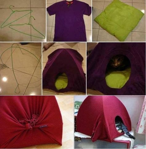 DIY No Sew Cat Tent from T-shirt in 3 steps Diy Cat Tent, Katt Grejer, Chat Diy, Diy Tent, Diy Coat, Cat House Diy, Cat Tent, Old Shirts, Animal Projects