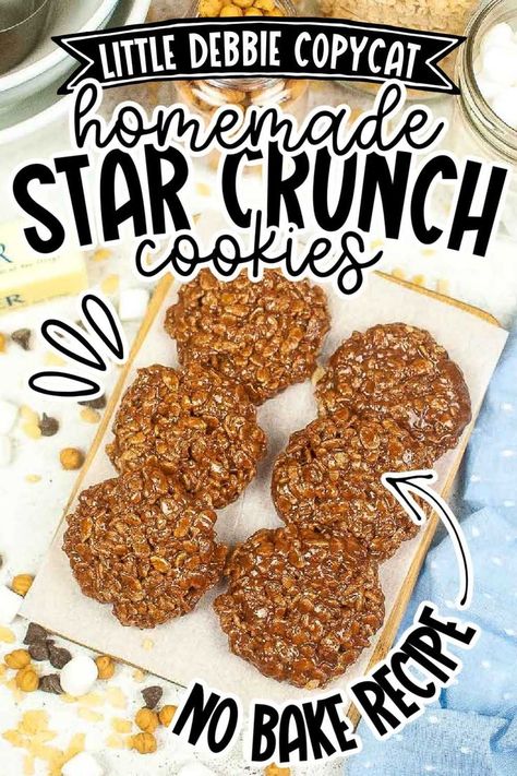 six Little Debbie copycat Star Crunch cookies on a parchment lined cutting board with text overlay. Homemade Star Crunch, Star Crunch Cookies, Cookies With Rice Krispies, Caramel Rice Cakes, Recipes Using Rice, Star Crunch, Chocolate Rice Crispy Treats, Chocolate Rice Crispy, Chocolate Rice Krispies