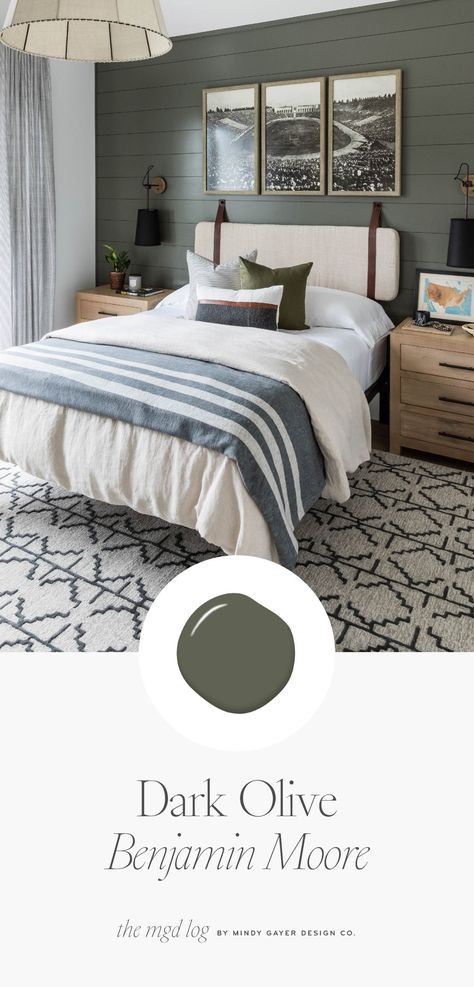 Head over to the blog to see our Windward project paint guide! This particular project is filled to the brim with unique paint hues in the prettiest shades of grey, green, black, and beige. This dark olive paint color in the boys bedroom looks timeless and elevated with the shiplap wall detail. Farmhouse Room Paint Colors, Paint Colors For Country Home, Sw Interior Paint Colors, Indoor Cabin Paint Colors, Bedroom Makeover Paint Wall Colors, Paint Schemes Interior Whole House Behr, New Construction Paint Colors, Farmhouse Bedroom Colors Paint, Rustic Bedroom Colors Paint