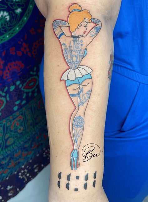 Cinderella Pinup Tattoo, Disney Leg Tattoos For Women, Cinderella Carriage Tattoo, Cinderella Tattoo Ideas, Cinderella Tattoos, Cinderella Tattoo, Disney Pin Up, Barbie Tattoo, Disney Sleeve