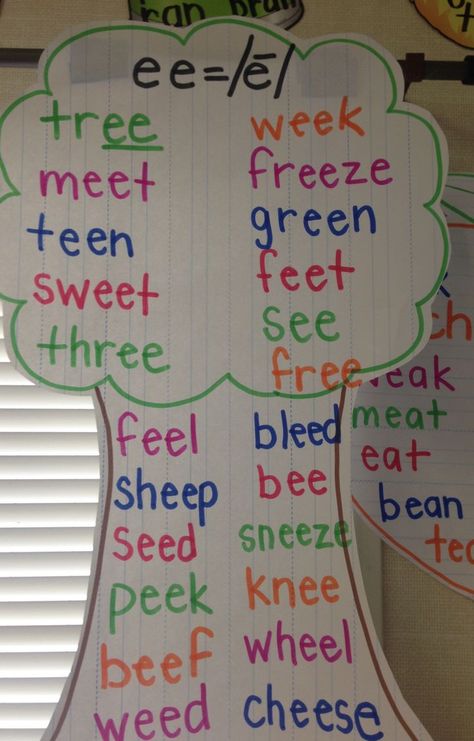 Long vowel, long e, ee vowel team anchor chart (picture only) Og Red Words, Book Ideas Writing, Blends Anchor Chart, Phonics Crafts, Decoding Strategies, Phonics Chart, Kindergarten Anchor Charts, Vowel Teams, First Grade Phonics