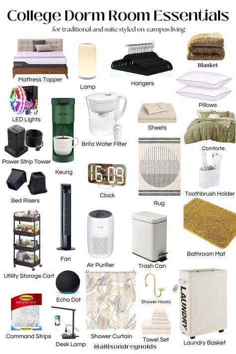 Things needed for college dorm room College Dorm List, Uni Dorm, University Rooms, College Dorm Checklist, Dorm Room Layouts, Dorm Room Checklist, College Dorm Room Inspiration, University Hall, Dream Dorm Room