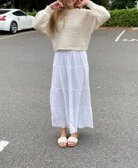 Balayage, Flowy Modest Outfits, Summer Flowy Skirt, Sundress And Sweater Outfit, Long White Skirt Outfit Modest, Brandy Melville White Skirt, White Tier Skirt Outfit, Modest Coastal Outfit, Coastal Grandma Style Outfits