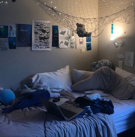 This is my room, tag me if u repost:)  #roominspo #aestheticroom #aesthetic #room #oceanroom #oceanroominspo #ocean #marinelife #marine #shark #fish #roomdecor Deep Ocean Themed Bedroom, Dark Nautical Aesthetic Room, Sea Bedroom Aesthetic, Shark Room Aesthetic, Room Ideas Ocean, Aquatic Bedroom, Light Blue Bedroom Aesthetic, Ocean Bedroom Aesthetic, Ocean Bedroom Ideas