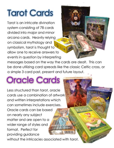 Learn the difference between Tarot and Oracle cards Tarot Oracle Cards, Oracle Cards For Beginners, Tarot Card Information, Learning To Read Tarot Cards, Oracle Cards Spreads, What To Do With A New Tarot Deck, How To Read Oracle Cards For Beginners, Oracle Cards Decks Diy, How To Read Oracle Cards