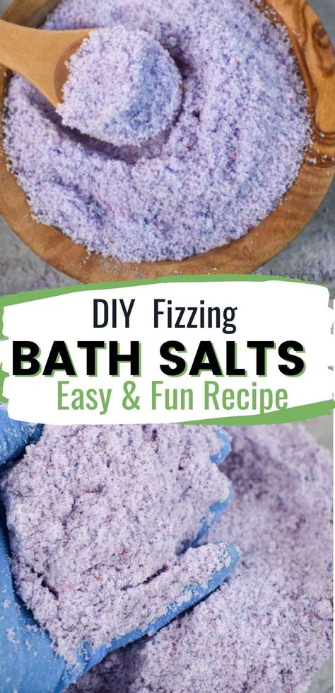 DIY Fizzing Bath Salts Recipe. These fizzy bath salts are similar to bath bombs, but much easier and less time-consuming to make. Bath Fizzies Diy, Diy Fizzy Bath Salts, Diy Bath Salts With Essential Oils, Fizzy Bath Salts, Bath Salts Diy Recipes, Diy Bath Soak, Bath Soak Recipe, Bath Salts Recipe, Bath Salts Diy