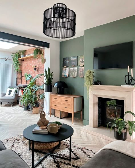 Green Walls Fireplace, Dark Sage Living Room, Sage Green Living Room With Fireplace, Green Lounge Room Ideas, Earthy Green Living Room Walls, Dining Room Snug Ideas, Dark Sage Green Living Room, Dark Sage Room, Safe Green Living Room Decor