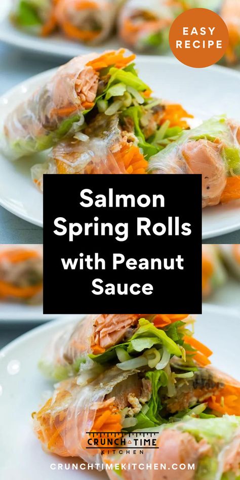 Salmon Spring Rolls. With Text Reading: Salmon Spring Rolls Recipe. Spring Rolls Recipe Rice Paper, Salmon Spring Roll Recipe, Salmon Spring Rolls, Easy Spring Rolls Recipe, Easy Spring Rolls, Rice Paper Rolls Recipes, Rice Paper Spring Rolls, Healthy Spring Rolls, Baked Spring Rolls