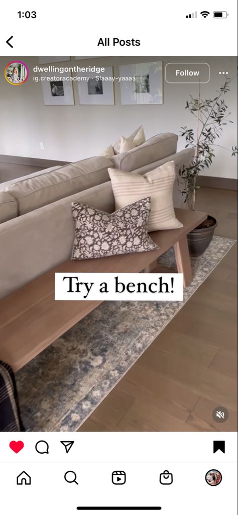 Back Of Couch Ideas Modern, Ottoman Behind Couch, Benches Behind Couches, Entryway Behind Couch Ideas, Couch With Bench Behind, Entryway Bench Behind Couch, Sofa Behind Window, Exposed Back Of Couch Ideas, Back Of Sectional Facing Entry