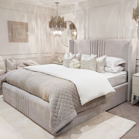 23 Inspiring Master Bedroom Ideas to Spark Your 2024 Refresh Cream Velvet Headboard, Bedroom With Grey Bed, Soft Grey Bedroom, Cream And Grey Bedroom, Bed Frame Sizes, Nice Rooms, Unique Headboards, Cream Room, Future Bedroom