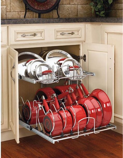 Organized kitchen storage cabinets! This is a really easy, great way to store store pots, pans, and lids. This pot rack has a place for every piece and it’s easy to put things back where they belong! One of the best kitchen cabinet organizers I've seen. #kitchen #storage #cabinets #organizers #pots #pans Organiser Cucina, Pot And Pans Organization, Farmhouse Kitchen Cabinets, Diy Kitchen Storage, Kitchen Cabinets Makeover, New Kitchen Cabinets, Grey Kitchen Cabinets, Kitchen Cabinet Organization, Kitchen Cabinet Storage