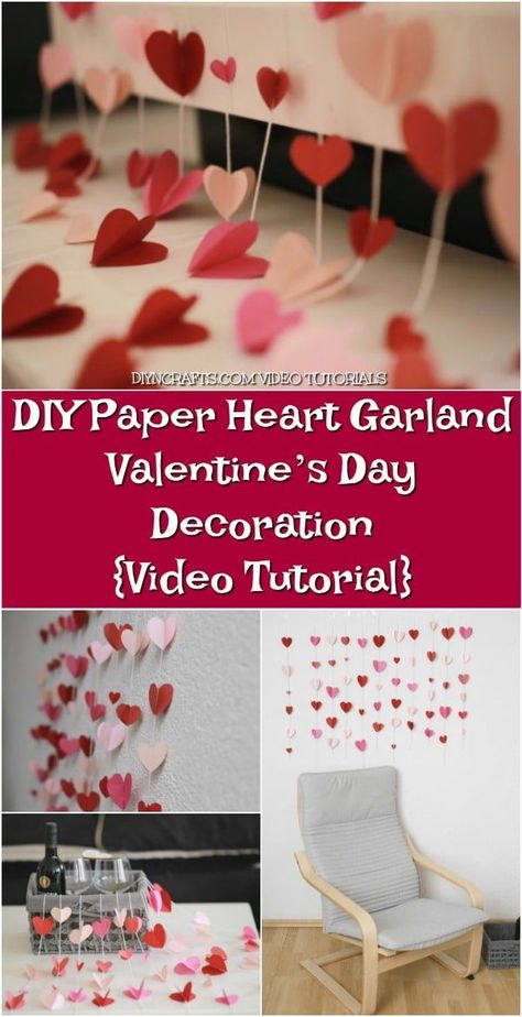 DIY Paper Heart Garland - Valentine’s Day Decoration {Video Tutorial} - Searching for the perfect way to transform any room for Valentine’s Day? In this video tutorial, you can learn how to make romantic wall décor using construction paper and thread. It’s an easy craft made out of simple supplies, but the results are gorgeous! Watch now. Decoration Video, Paper Heart Garland, Paper Wall Decor, Paper Craft Videos, Decor Ikea, Heart Garland, Diy And Crafts Sewing, Diy Origami, Paper Garland