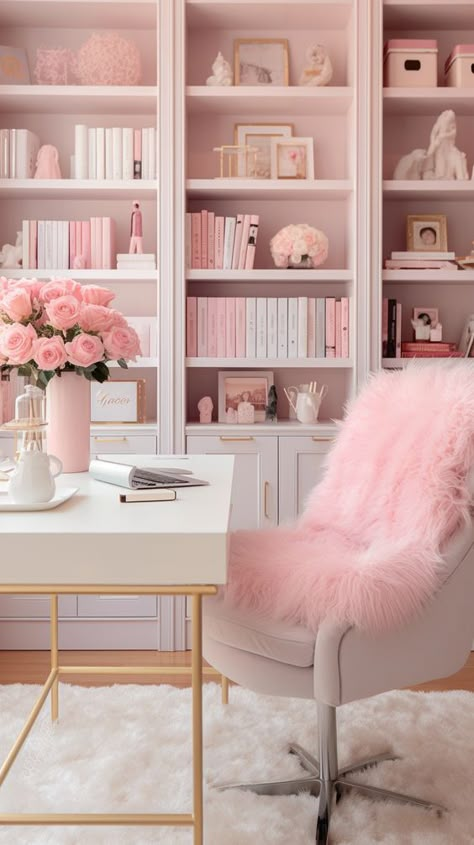 Pink Office Aesthetic, Glam Office Ideas, Author Office, Girly Home Office, Glam Office Decor, Girly Office Decor, Vanity Pink, Author Life, Girly Home