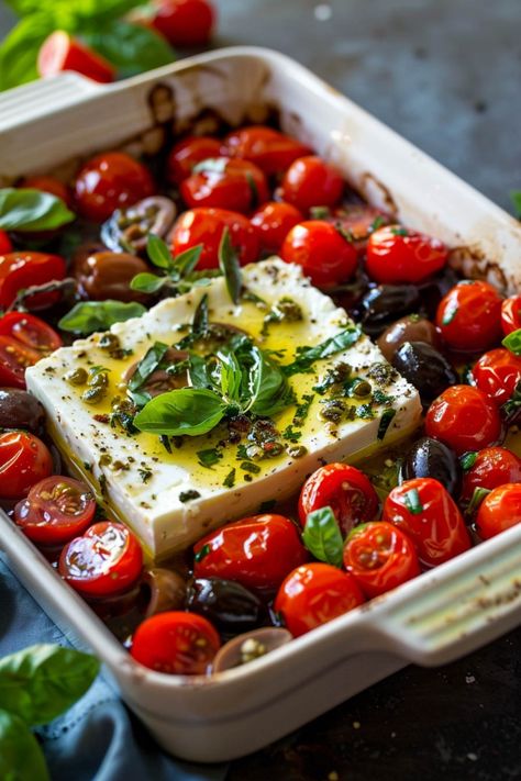 Baked feta cheese with cherry tomatoes, olives, and basil in olive oil, ready for cooking. Meals For Mediterranean Diet, Mediterranean Tomato Recipes, Healthy Tasty Vegetarian Recipes, Healthy Dinner Ideas Mediterranean, Quick And Easy Mediterranean Lunch, Yummy Mediterranean Recipes, Mediteranian Dinner Recipes, Healthy Dinner Mediterranean, Mediterranean Dinner Vegetarian