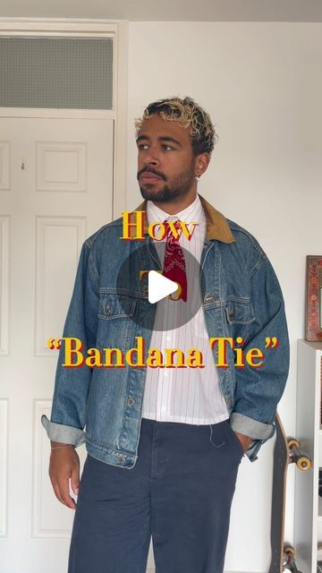 Sammy on Instagram: "How to “Bandana Tie”

A few people have asked about how I tie the tie in a couple of my recent videos so I thought I’d do a mini tutorial.

⬇️HOW TO⬇️

It’s simple really. Just grab a bandana and fold it into the centre on each side until it’s so small you can only fold it in half. Once you have that pop it around your neck and under your collar folded side down. Then pop both ends through a ring of your choice and pull up to your neck. You can then flare and adjust the tie ends to your preference!

As someone who doesn’t really own a proper tie this is a good little trick to smarten up any look. 
•
•
•
•
•
#ootd #grwm #fashion #style #outfit #vintageclothing #menswear #fashiontips #fallfashion #autumnfashion #fyp" Bandana Neck Scarf Outfit, How To Tie A Tie, Neck Scarf Outfit, Tie A Bandana, Tie Tutorial, How To Tie Bandana, Bandana Neck Scarf, Bandana Tie, Mini Tutorial