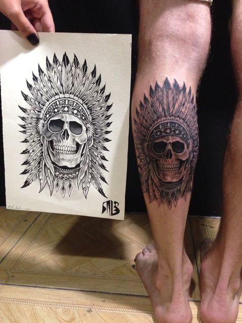 Skull Tattoo Sleeve, Indian Skull Tattoos, Headdress Tattoo, Fake Tattoo Sleeves, Shin Tattoo, Cowboy Tattoos, Inner Forearm Tattoo, Native Tattoos, Indian Skull