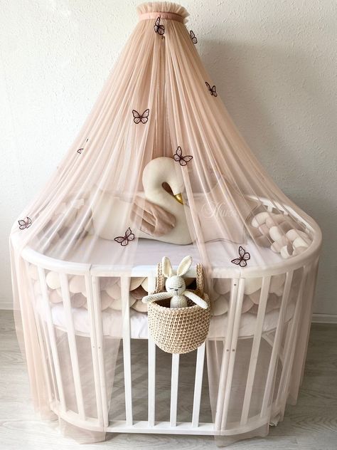 ATTENTION: THIS ITEM INCLUDES CANOPY ONLY! COLOR WARM BIEGE (BLUSH) with GOLD OR BROWN BUTTERFLIES Gorgeous baby baldachin (canopy, curtain) with decorative butterflies (without holder). Materials: soft tulle Canopy sizes 180cm(70inches)*800cm(315 inches)        batterflies amount: 16 pieces. You can choose any color combination of the canopy and butterflies. Just write to me and together we will find the best combination. - The canopy protects against sunlight, insects, drafts, dust, and pet ha Butterfly Nursery Ideas, Round Crib Nursery, Mosquito Net Baby, Luxury Baby Nursery, Baby Curtains, Tulle Canopy, Hanging Canopy, Nursery Layout, Pink Blackout Curtains