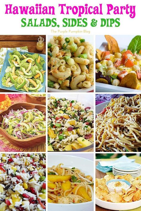 Hawaiian Tropical Party Recipes - Salad, Sides and Dips + lots more delicious recipes! Tropical Party Foods, Hawaiian Party Food, Tropisk Fest, Salad Sides, Hawaiian Burger, Luau Party Food, Hawaiian Drinks, Luau Food, Hawaiian Dishes