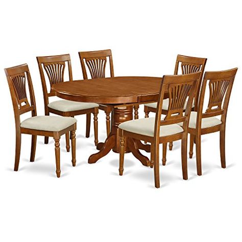 East West Furniture AVPL7-SBR-C 7-Piece Dining Table Set Pedestal Kitchen Table, Dinette Chairs, Compact Table And Chairs, Dinette Table, Hardwood Table, Dinette Tables, Solid Wood Dining Set, 7 Piece Dining Set, Kitchen Dining Sets