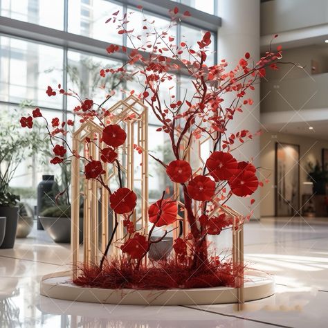 Chinese New Year Decorations Ideas Diy, Lunar New Year Flowers, Chinese New Year Decorations Ideas, Imlek Decoration, Decor Tet, Lunar New Year Decoration, Asian Party Themes, Cny 2024, Chinese Celebrations