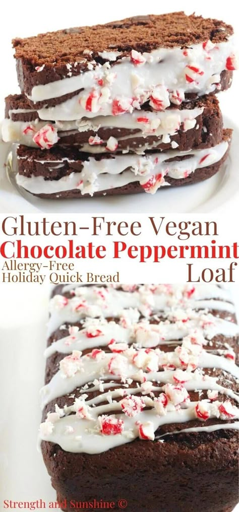 Gluten-Free Chocolate Peppermint Bread (Vegan, Allergy-Free) | Strength and Sunshine | Rich and moist Gluten-Free Chocolate Peppermint Bread is a must-have holiday treat! This sweet chocolaty loaf is vegan, allergy-free, and perfect for gifting! Made with cocoa powder and chocolate chips, peppermint extract, and a simple peppermint icing with crushed candy cane pieces! This easy quick bread recipe is better than the Trader Joe's baking mix! Christmas Desserts Vegan Gluten Free, Gluten Free Heart Healthy Recipes, Vegan Quick Bread Recipes, Gluten Free Christmas Desserts Easy, Christmas Gluten Free Desserts, Gluten Free Brown Bread Recipe, Peppermint Bread, Christmas Desserts Gluten Free, Peppermint Desserts Christmas