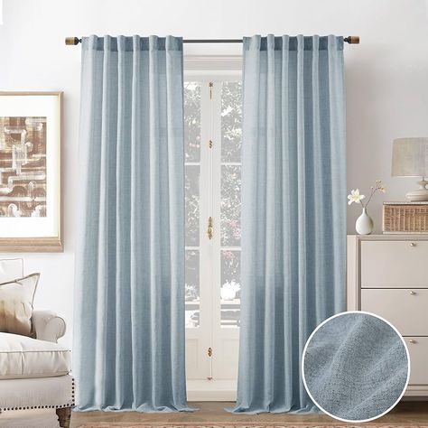 Amazon.com: DriftAway Blue Linen Curtains 84 Inches Long for Living Room Thick Semi Sheer 2 Panels Farmhouse 3 Inch Rod Pocket Back Tab Boho Rustic Light Filtering Window Drapes for Bedroom Privacy Assured : Home & Kitchen Coastal Living Room Window Treatments, Coastal Curtain Ideas, Blue And White Curtains Bedroom, Light Blue Curtains Living Room, Blue Curtains Bedroom Ideas, Bedroom Blue Curtains, Modern Coastal Farmhouse Living Room, Blue Linen Curtains, Blue Girls Room